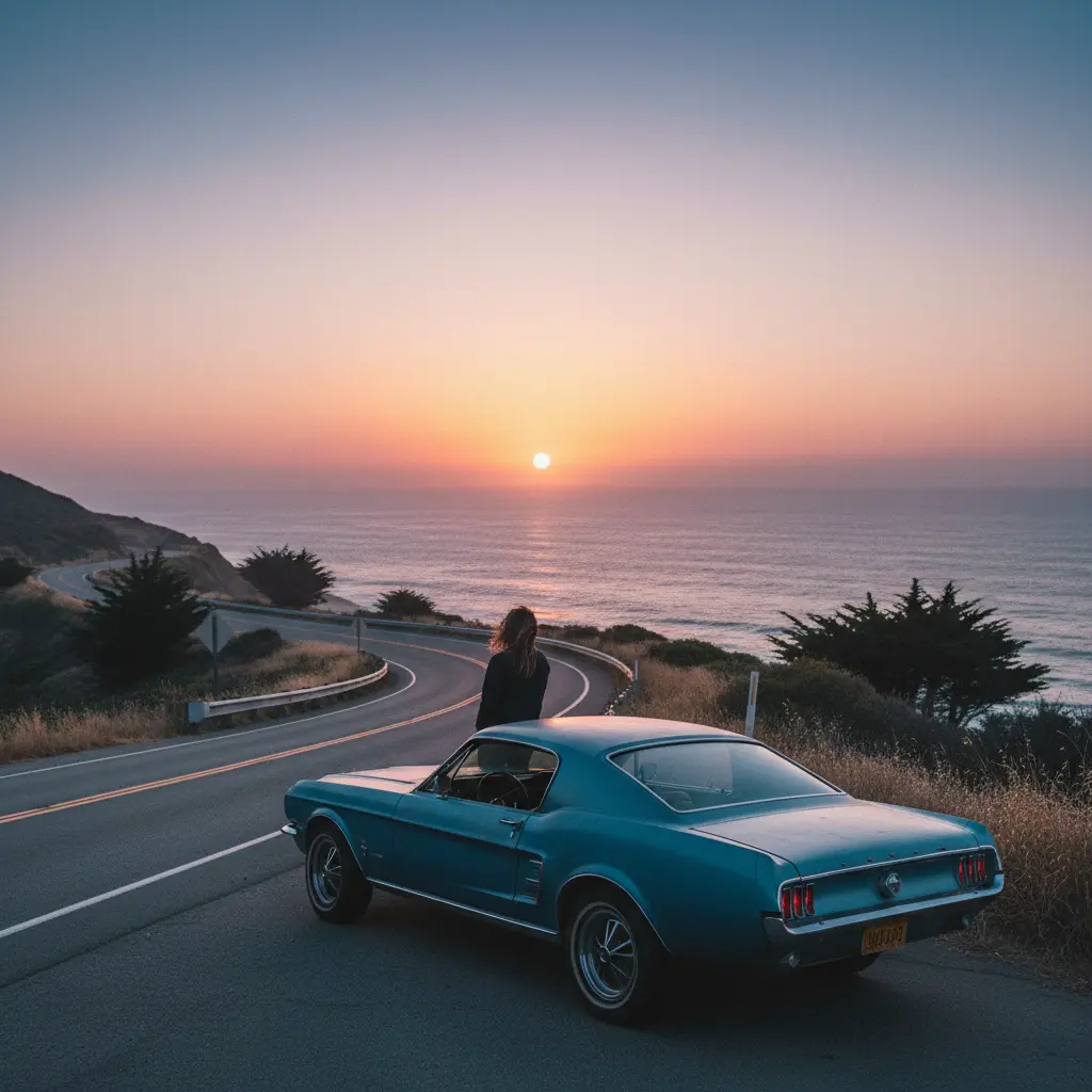 Nano Banana AI Image Generator - Cinematic Automotive Vistas: Combine classic automotive beauty with breathtaking coastal 
