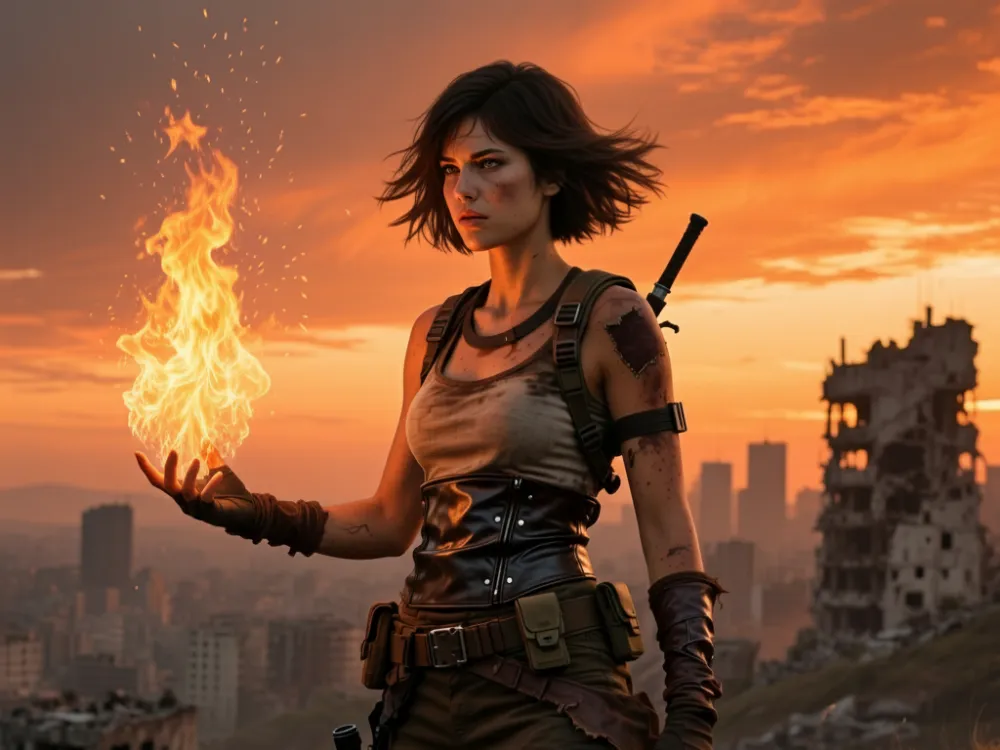 Nano Banana AI showcase - Female warrior holding a magical flame in a post-apocalyptic cinematic setting