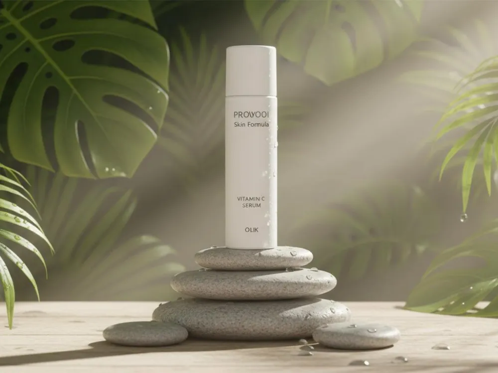 Nano Banana AI showcase - Professional skincare product shot on zen stones with tropical greenery