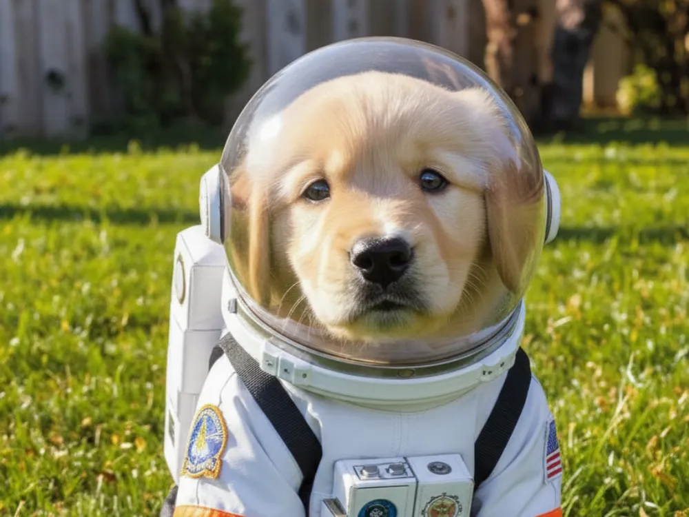 Nano Banana AI showcase - Golden retriever puppy wearing a detailed astronaut suit on a green lawn