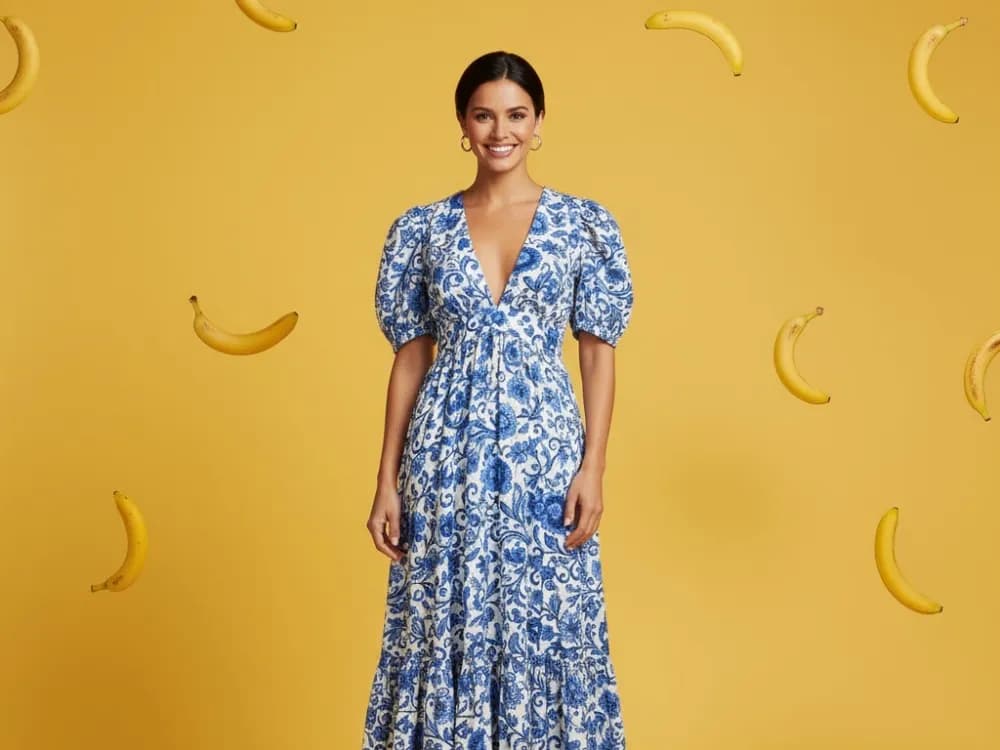 Nano Banana AI showcase - Woman in a floral dress with floating bananas maintaining facial consistency