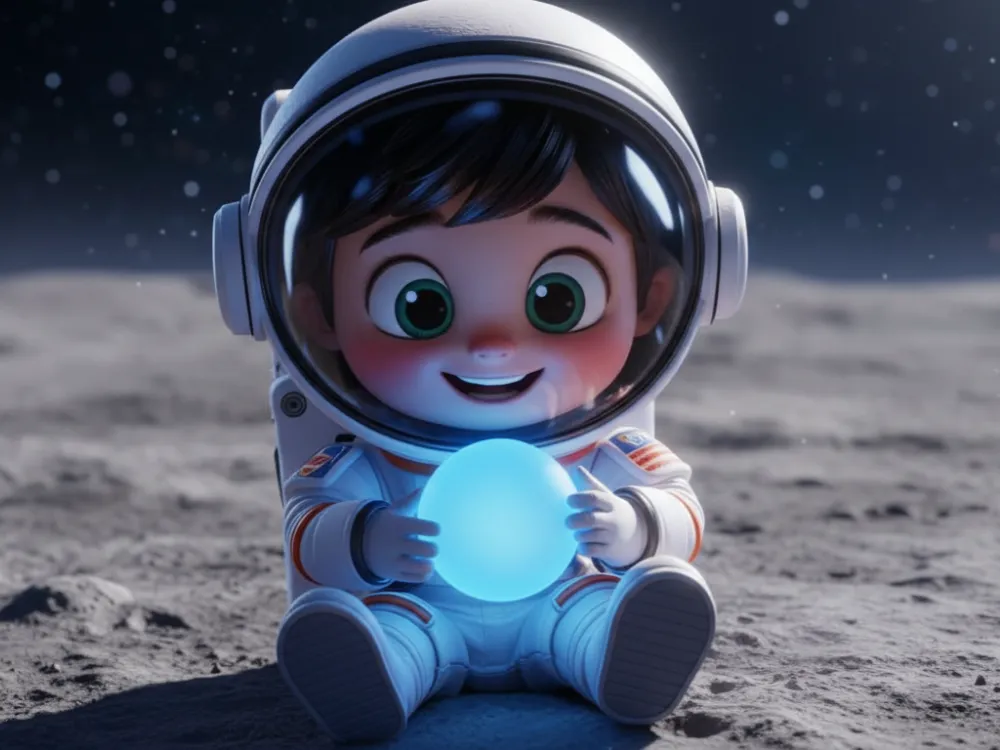 Nano Banana AI showcase - Stylized 3D toddler astronaut holding a glowing blue orb on the moon